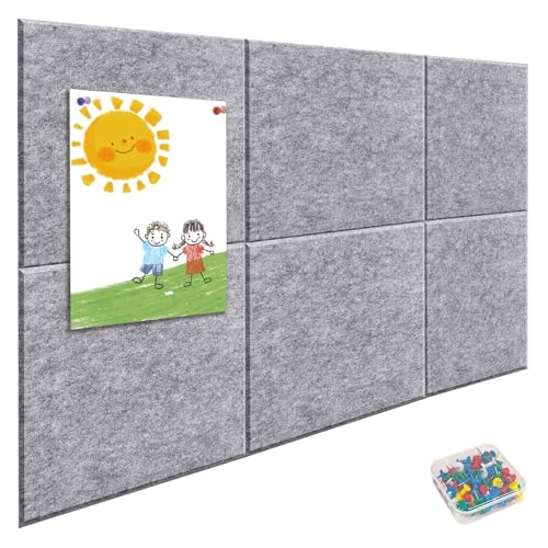 Accmuzzy 6 Stück Pinnwand Filz Selbstklebend, 9mm Dick Filz Pinwand mit 40 Pins, Dekorative Pinnwand Groß Wanddekoration für Fotos, Notiz-memoboard für Zuhause Küche Büro Schule, 30x30cm (Grau)