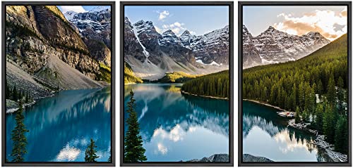 wall26 - 3 Piece Framed Canvas Wall Art - Landscape View of Moraine Lake and Mountain Range at Sunset in Canadian Rocky Mountains - Modern Home Art Stretched and Ready to Hang - 24"x36"x3 Black