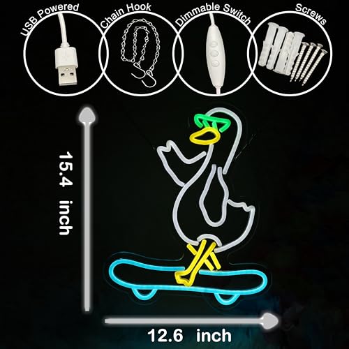 Image of Duck Skateboarding Neon Sign With Sunglasses - LED Light for Wall Decor, Bar, Man Cave, Game Room - Dimmable Skateboarder Wall Art 12.6 inch15.4 inch