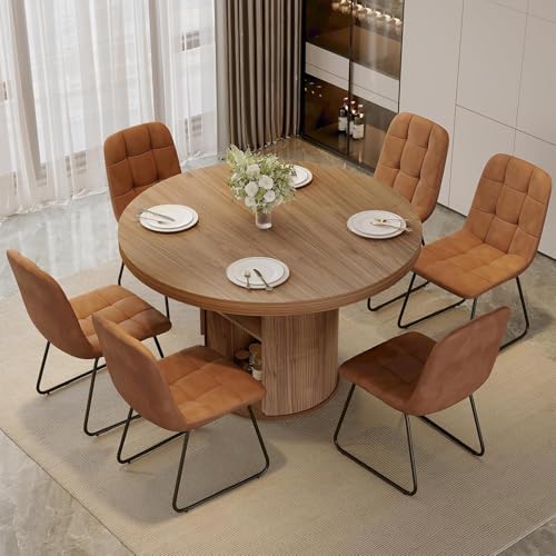 Image of 5-Piece Dining Set for Small Spaces 43.3 inch Round Table & 4 PU Leather Chairs, Modern Farmhouse with Storage Shelf, Apartment Kitchen Easy Assembly (Walnut Color Round Table + 4 Modern Brown Chairs)