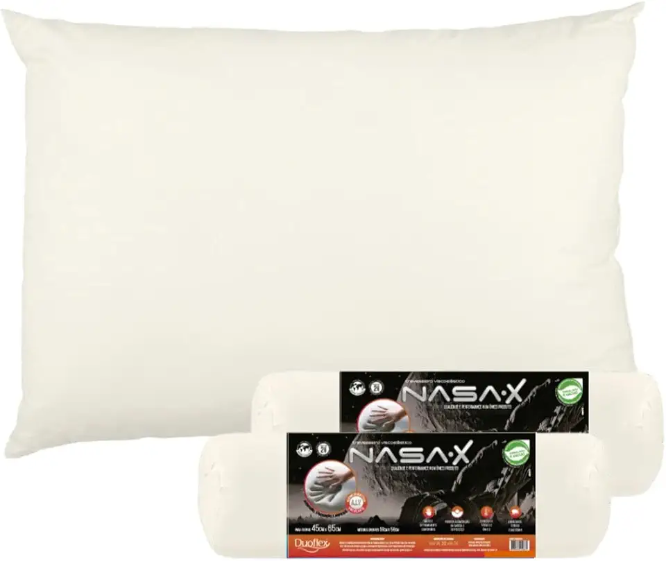 Kit 2 Travesseiros Duoflex Nasa-x 10cm Antiácaro Espuma Viscoelástica Capa Malha 100% Algodão Bege