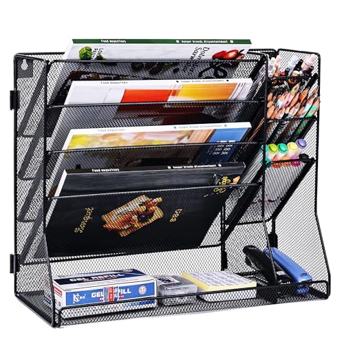 Solinxe Desk Stationery Tidy Organiser Paper Letter Tray 5 Tier Wall Magazine File Holder with 3 Slots Pen Holder for Office Home School Accessories Supplies, Black