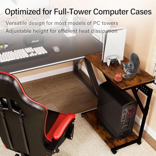 Image of 21562 Computer Tower Cart - Height Adjustable PC Stand, 2-Tier CPU Holder Home Office Gaming Desk Accessories Rolling Lockable Wheels, Laptop Table Standing Computer Desk, Rustic Brown