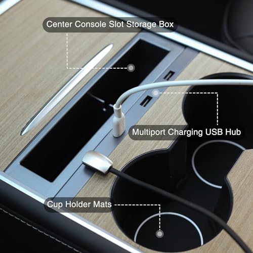Tesheer Center Console Organizer for Tesla 2021-2023 Model 3/Y Car Multi-Port USB Hub Charging Adapter USB Cable Organizer Cup Holder Pad for Tesla Accessories (3PCS) — view 4