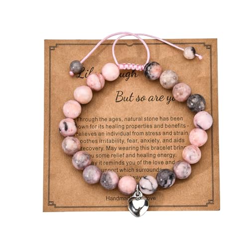 LEMLIN Pulseira de pedra natural rosa, pulseira rosa de amor com amuleto de coração, presente original para menina, primeira comunhão, batizado, aniversário, ideal para filha, neta, inclui cartão de