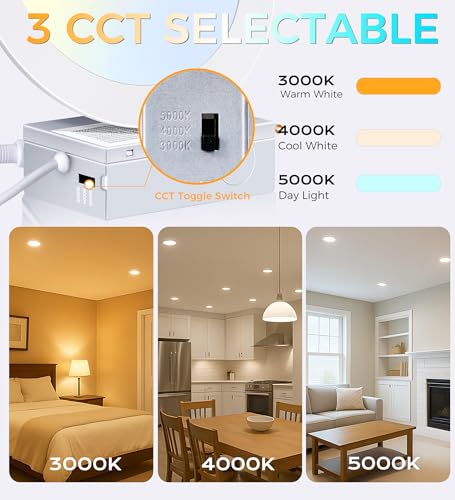CLOUDY BAY 4 inch 3000K/4000K/5000K Three Color Temperature Selectable, Dimmable 10W CRI 90+,Ultra Thin Recessed Downlight with Junction Box, Canless Wafer Down Light, Damp Location,White Finish, 6PK