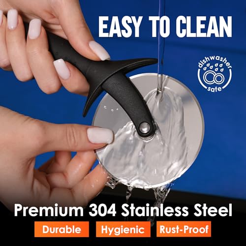 Image of KitchenStar Pizza Cutter Wheel - 304 Stainless Steel Slicer Knife with Super Sharp Blade, Anti-Wobble Axle Mechanism, Ergonomic Non-Slip Handle & Protective Cover, Dishwasher Safe