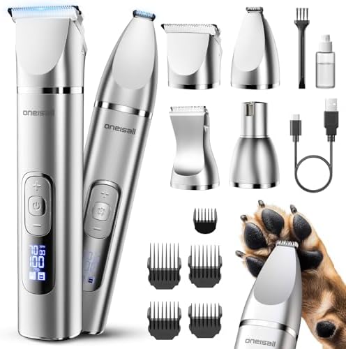 oneisall 4 in 1 Dog Grooming Kit with LCD Display, Dog Hair Trimmer for Paw Nail Grinder, Rechargeable Cordless Low Noise IPX7 Waterproof Pet Clippers
