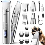 oneisall 4 in 1 Dog Grooming Kit with LCD Display, Dog Hair Trimmer for Paw Nail Grinder, Rechargeable Cordless Low Noise IPX7 Waterproof Pet Clippers