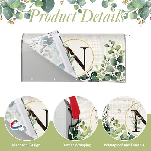 Image of Tiamon Monogrammed N Mailbox Covers Magnetic Eucalyptus Welcome Letter Box Wrap Standard Size 21x18 Inch Spring Summer Leaves Mailbox Decor Eucalyptus Letter Numbers Decoration for Outdoor Garden Yard