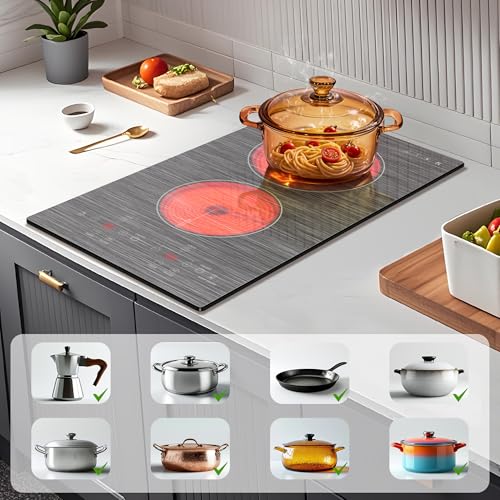 Image of Karinear 2 Burner Electric Cooktop 110V, 12 Inch Countertop & Built-in Electric Stove Top, Plug-in Ceramic Cooktop with Child Safety Lock, Timer, Pause, Smooth Glass Surface with Beautiful Pattern(B)