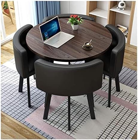 ACIYD Office Conference Table Small Meeting Room Table, Office Reception Round Table Simple Kitchen Dining Table Set 1 Table 4 Chairs Meetings Negotiation Table 90cm (Color : Black Leather