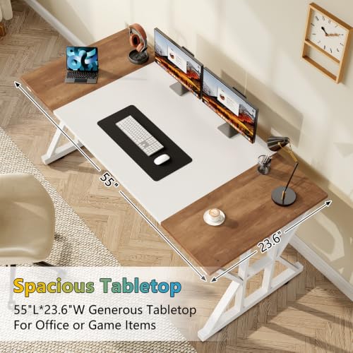 Image of 55 inch Large Computer Desk with Thickened Frame for Home Office, Living Room | Modern Simple Executive Desk, Larger Gaming Desk with X-Shaped ReInchforcement, Brown /White