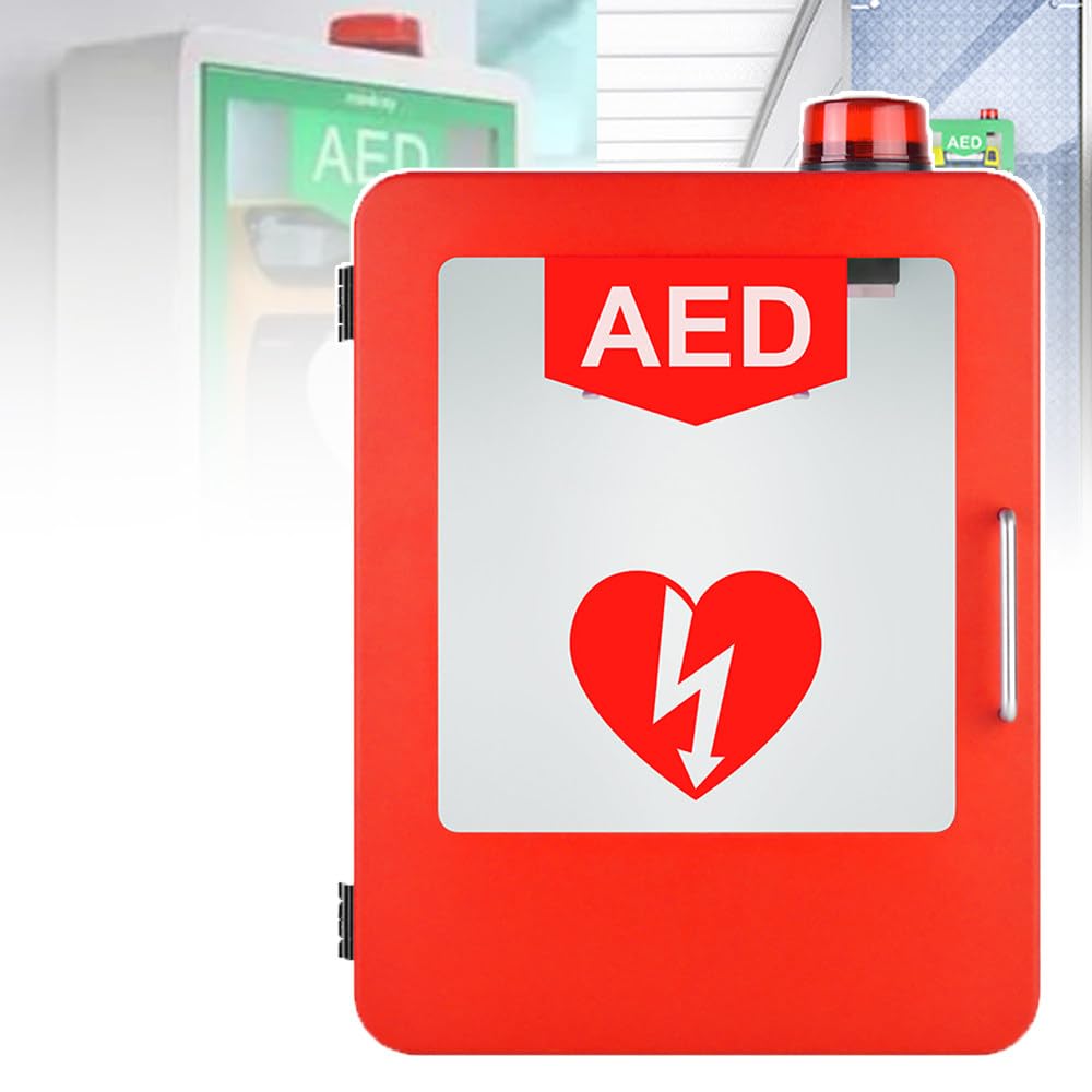 Armadietto per Defibrillatore Semiautomatico Esterno (Dae) - Contenitore a Parete Con Allarme E Luce Di Emergenza, Cassetta Pronto Soccorso a Parete, Design Con Angoli Arrotondati,Red
