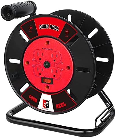 EP Extension Cord Storage Reel with 4-Grounded Outlets, Heavy Duty Open Cord Reel for 12/3 14/3 16/3 Power Cords, Portable Empty Hand Crank Electric Cord Roller Holder, Red