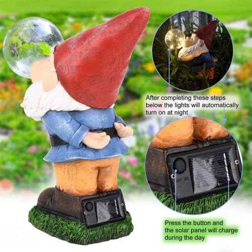 THE ENCHANTED GARDEN Garden Gnome Bubble Blowing Statue Standing Outdoor Resin Gnome Figurine Solar Powered LED Garden Lights Resin Garden for Patio Lawn Yard Décor
