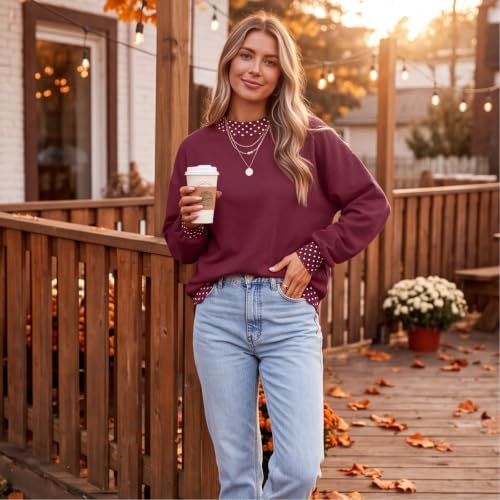 Womens Mock Neck Sweatshirt Scalloped Edge Patchwork Polka Dot Sweatshirt - image 3