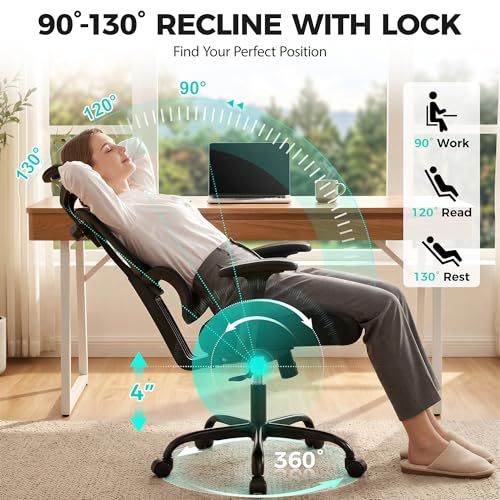 Ergonomic Office Chair High Back Desk Chair with Lumbar Support, Breathable Mesh Computer Chair with Adjustable Armrests Height, Reclining Swivel Big and Tall Gaming Chair for Home Office(Black)