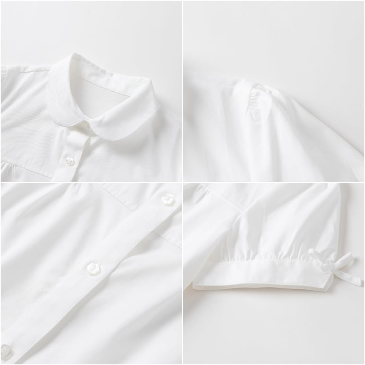 Girls Short-Sleeve Summer Shirt, Classic Puff Sleeve Casual Top | Breathable stretch poplin polo with a sweet rounded collar, puff sleeves, and bow accents for a polished preppy look