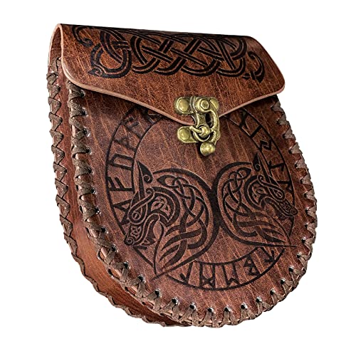 HiiFeuer Nordic Embossed Belt Bag, Retro Medieval Faux Leather Side Pack, Vintage Portable Belt Pouch for LARP Ren Faire (Fenrir) - Image 2