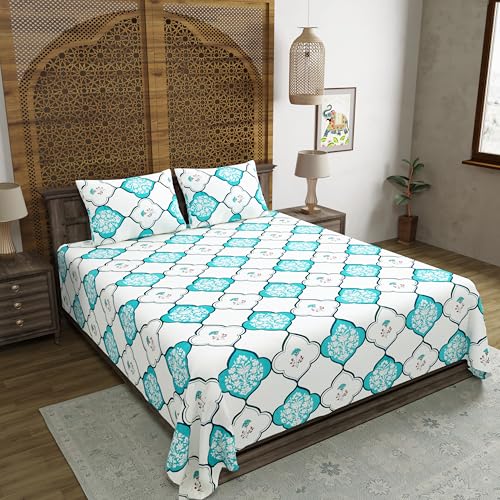 Image of BLOCKS OF INDIA Hand Block Printed 200 TC Cotton King Size Bedsheet | MUGHAL Turquoise