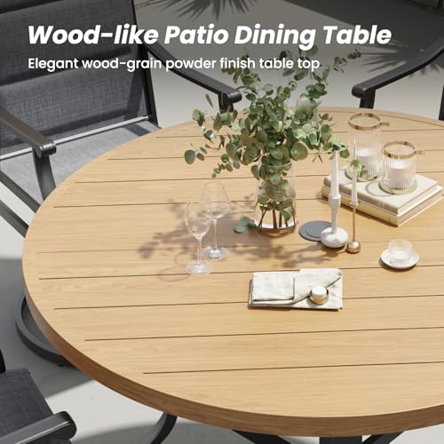 Image of Soohow 7-Piece Outdoor Dining Set, Round Patio Dining Table and Chairs Set for 6, 6 x Swivel Patio Chairs and 47 inch Dining Table with 1.57 inch Umbrella Hole, Wood-Like, Ideal for Poolside, Backyard, Deck