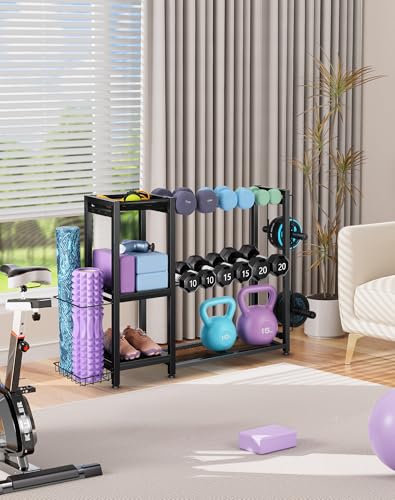 FHXZH 3-Tier Dumbbell Rack Stand Only - Adjustable Weight Rack for Home Gym, Heavy-Duty Weight Stand for Dumbbells Kettlebells Foam Roller Yoga Mats, Workout Equipment Storage Organizer With Hooks