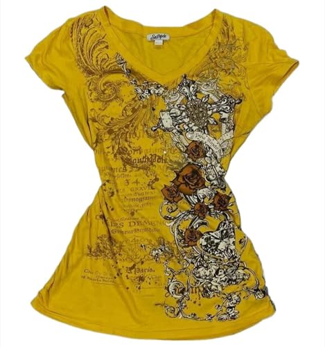 Y2k Fairy Grunge 2000s Short Sleeve Top Whimsy Twee Harajuku Emo Scene Clothes Vintage Mcbling Alt Fairycore Shirt (Flower Yellow,Small)