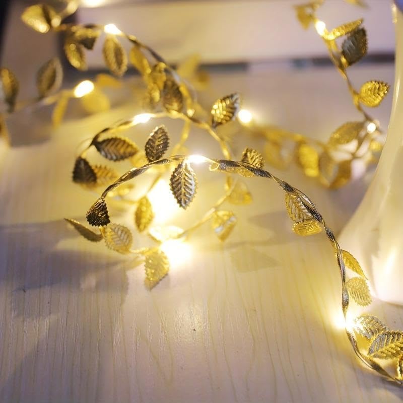 HEAVYSEVEN 2/3/5M LED Gold Color Leaves String Lights for Wedding Birthday Party Decoration Home Wall Decor Outdoor Garden Artificial Plant Vine Light