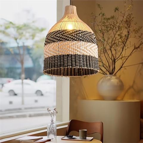 Teru Ji Kaikang Rattan Pendant Light,17.7" Boho Black White Handmade Woven Pendant Light Black White Faux Rattan Basket Chandelier, for Living Room Bedroom Kitchen Dining Room Farmhouse Cover