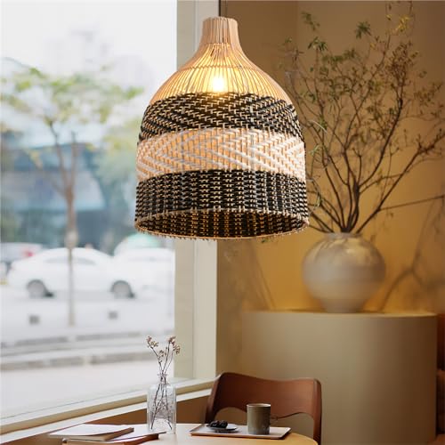 Teru Ji Kaikang 15.75" Rattan Pendant Light Black White Faux Rattan Basket Chandelier 1-Pack Boho Handmade Woven Wicker Hanging Light Fixture for Public Place Dining Living Bedroom Kitchen Farmhouse by Teru Ji Kaikang - Used condition - US$53.64