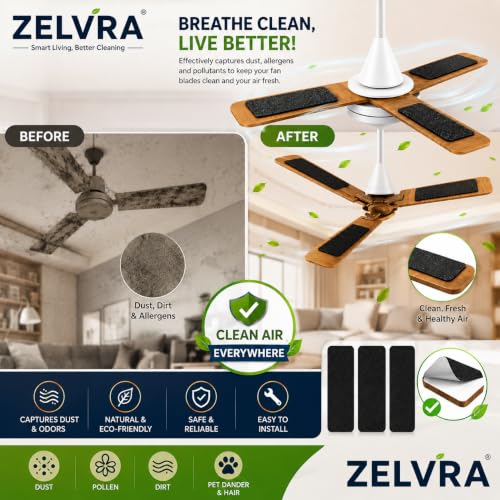 Image of Ceiling Fan Filters for Blades, Activated Coconut Shell Carbon Air Purifier Pads, Unscented Dust, Smoke, Odor & Allergen Capture, Self-Adhesive Air Filters for Household Ceiling Fans, Black