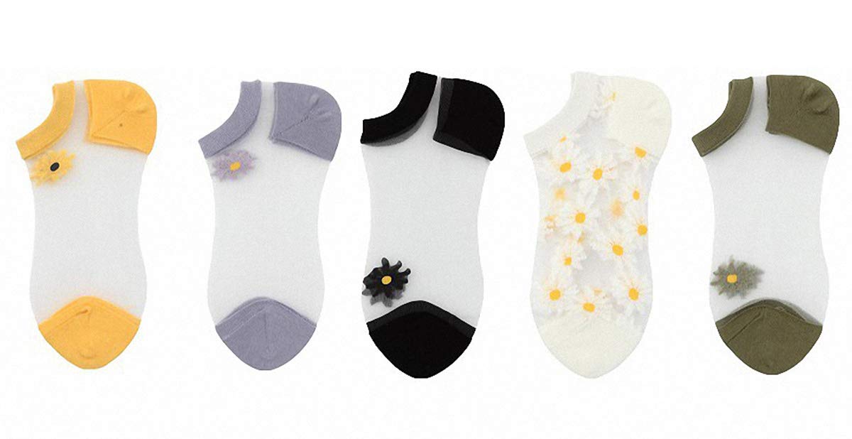 Ulalaza Women Sheer Transparent Lace Embroidery Panel Crystal Sparkly Socks 5 Pack