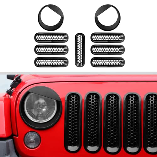 Image of JWWY Front Grille Insert Radiator Grille Grillwork Surround Assembly Inserts Headlight Headlamp Cover Trim Set Fit for 2007-2017 Jeep Wrangler JK JKU Exterior Accessories 9pcs Black