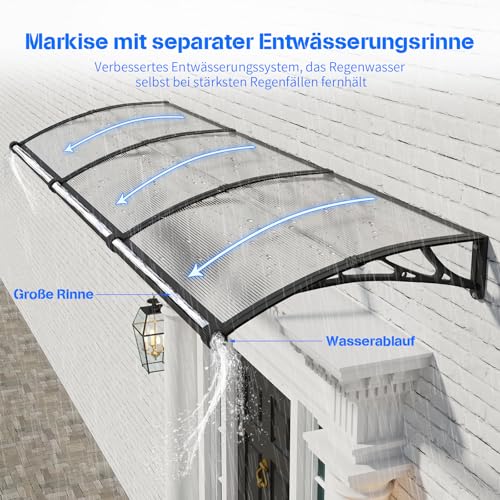 Vordach für Haustür,300x80cm Fenstervordach mit separater Entwässerung, Polycarbonat Pultvordach Überdachung für UV-, Regen- und Schneeschutz – Ideal für Veranda, Terrasse und Fenster