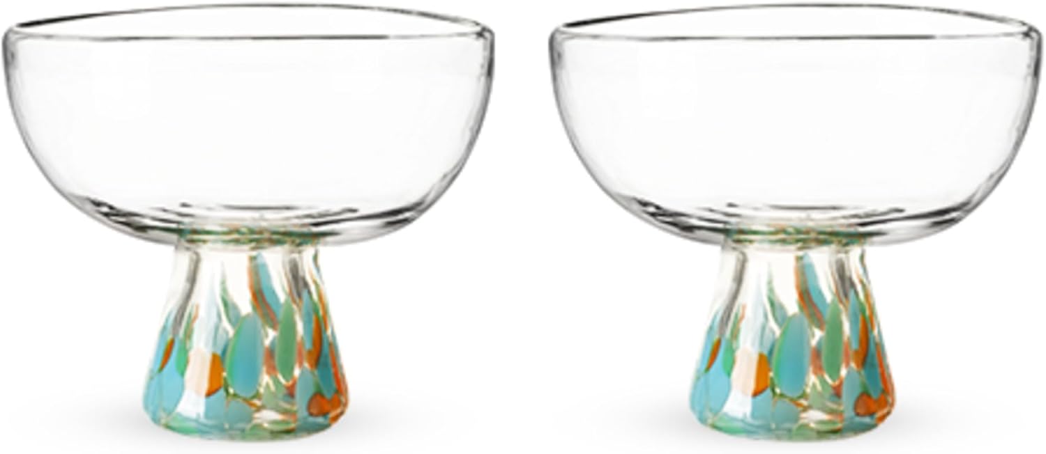 Twine Segunda Vida Viajar Hand-Blown Margarita Glasses, Recycled Cocktail Glass, Artisan Made with Vibrant Confetti Design, Wide Stem Mexican Glassware, Elegant Drinkware, 10 oz, Set of 2