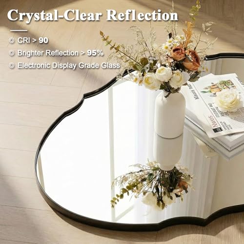 Image of ANDY STAR 30x40 Large Matte Black Scalloped Oval Bathroom Vanity Mirror