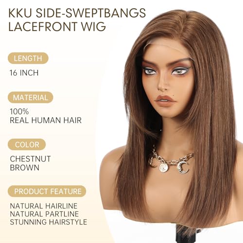 Image of KKU 100% Human Hair Wigs for Women,Real Human Hair Wigs,Side Swept Bangs Lace Front Wig(16 Inch,Chestnut Brown)