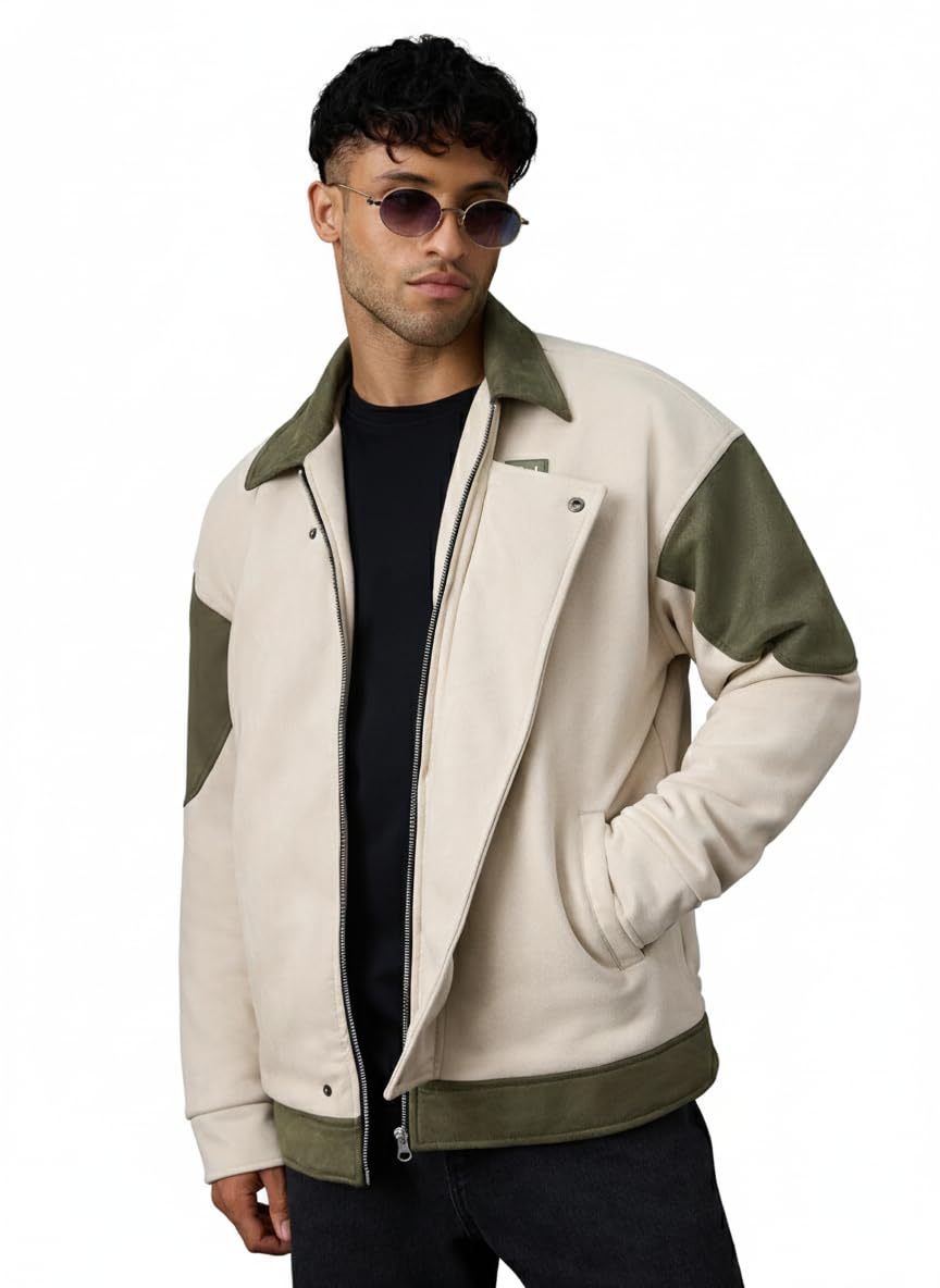 Kanji Men and Boys Full Sleeves Spread Collar Light Beige and Olive Green Colour-Block Polyester Lightweight Everyday Winter Oversized Jacket-image-9