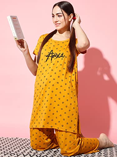 Image of Printed Round Neck Short Sleeve Nightsuit Set | Casual Night Dress for Women