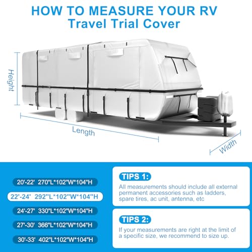 Mofeez Oxford Fabric Travel Trailer RV Cover, Camper Cover with 420D Oxford for The Top, 22\'-24\' Tearproof Waterproof Windproof Travel Trailer Cover with 4 Tire Covers, Jack Cover and Zippered Doors