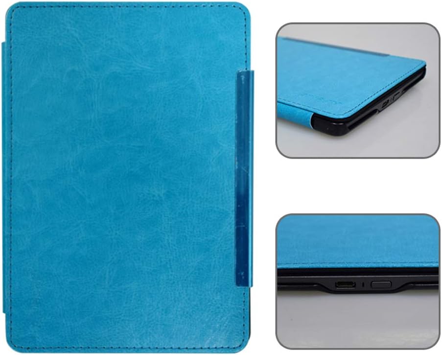Close-up views of the Kindle cover showing precise cutouts for the charging port, power button, and side buttons, indicating proper fit.