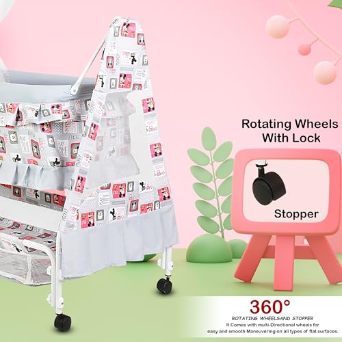 Image of New Born Baby Soft Seat Cradle with Swing and Mosquito Net, Four Wheels with Brake Lock for Swing Cradle /Jhula /Palna /Bed /Baby Safe for 0-2 Years (Grey)