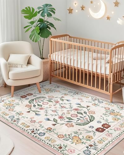 3x5 Area Rug for Nursery Girl Pink Floral Boho Washable Rug Soft Low Pile Non Slip Beige Flower Carpet Rug for Bedroom Playroom Living Room Dining Room(Beige, 3' x 5')