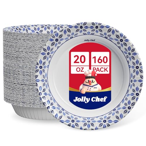 JOLLY CHEF 160 Count Paper Bowls 20 oz Soak Proof, Heavy Duty Printed Disposable Bowls Bulk for Dinner or Lunch