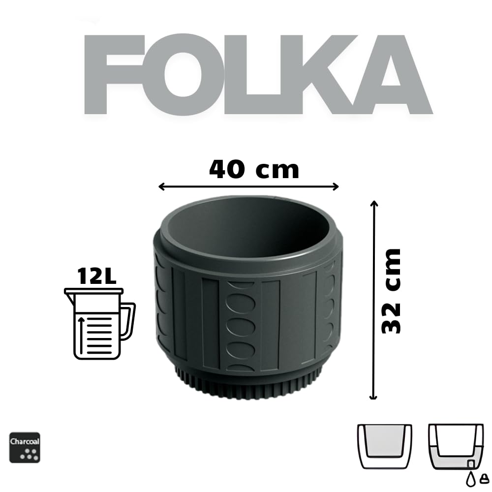 Doniczka – okrągła i duża, 40 x 32 cm – szara – wzór w stylu nordyckim – doniczka na balkon, do ogrodu i do wnętrz – nowoczesna, wytrzymała i dekoracyjna