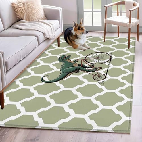 Dinosaur Riding Bike Area Rug 4x6, Vintage Green Geometric Texture