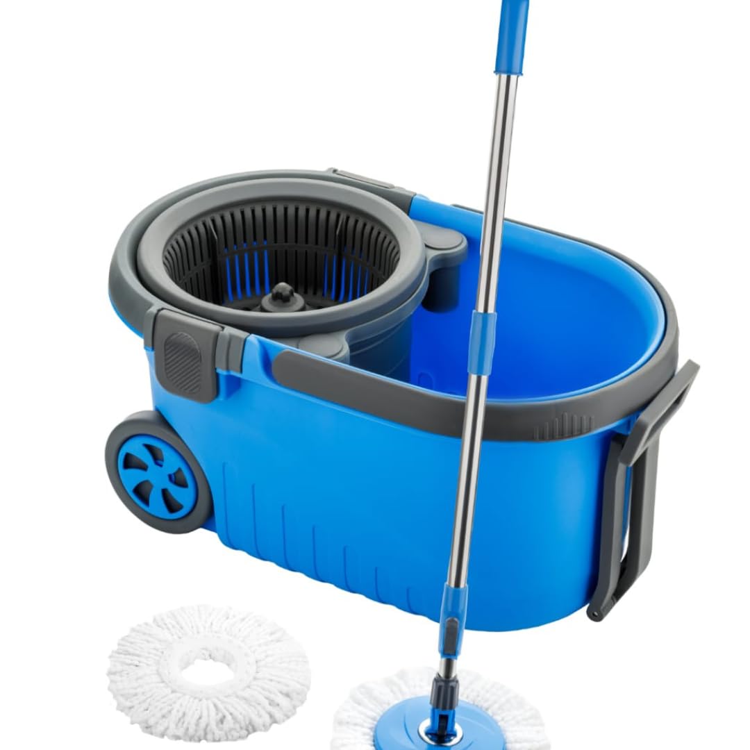 GEN-X Plastic Spin Blue Sporty Ribbed Bucket Mop for Floor Cleaning | Floor Cleaner Mop Stick & Cleaning Supplies |A Pocha for Floor Cleaning