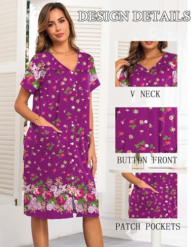 Image of Ekouaer House Dresses for Women with Pockets Button Down Nightgowns Plus Size Moo Moos Mumu Dresses Floral Print S-3XL