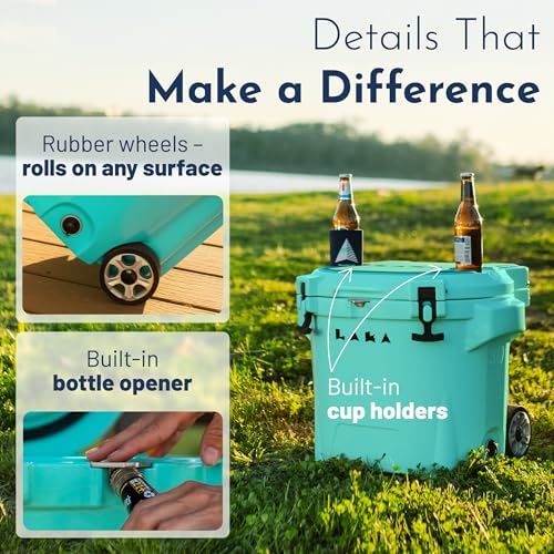 Image of Laka Cooler with Wheels - 30QT Rotomolded Insulated Rolling Hard Cooler, Telescoping Handle, Holds 24 Cans + Ice, Up to 7 Days Cold, Drain Plug, Cup Holders + Bottle Opener, Beach /Camping /Boat